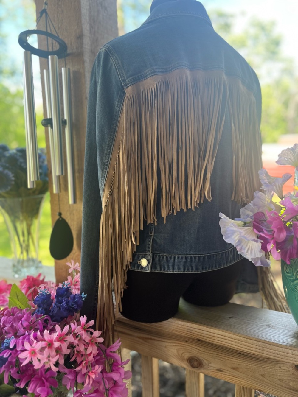 Chico’s Denim Blue Jean Western/Festival Faux Suede Long Fringed Jacket NWT S - Picture 7 of 12